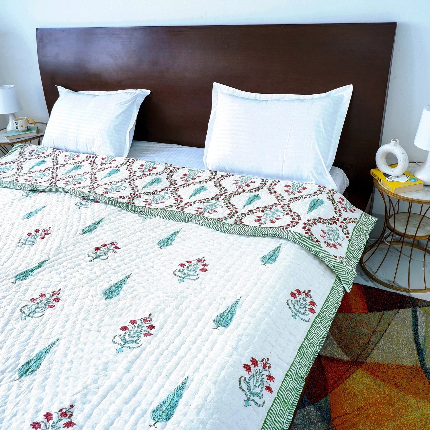 Hand Block Printed Jaipuri Cotton Quilt – Red & Green Floral Bel (90X108 Inches)